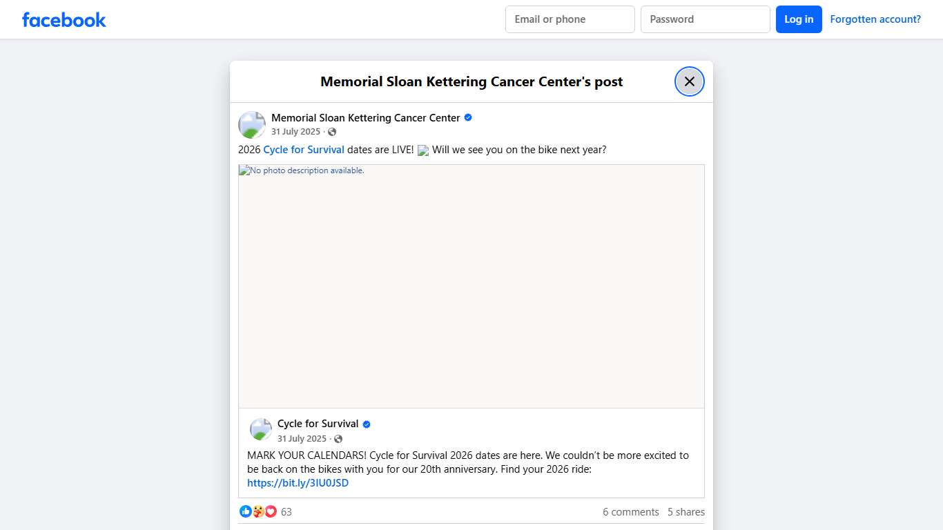 2026 Cycle for... - Memorial Sloan Kettering Cancer Center Facebook